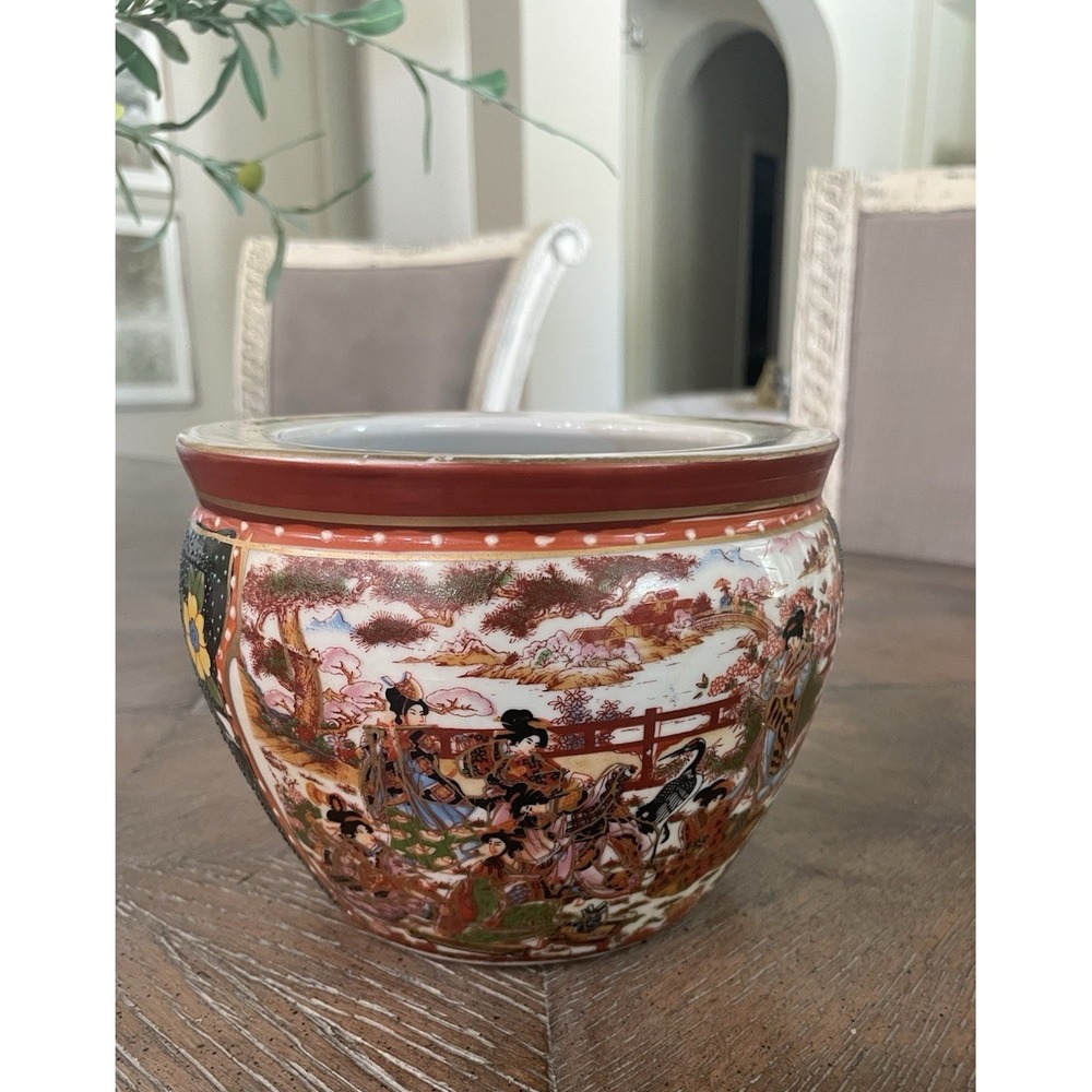 Vtg Asian Chinese Satsuma Style Porcelain Fishbowl Cache Oriental Pot/Planter